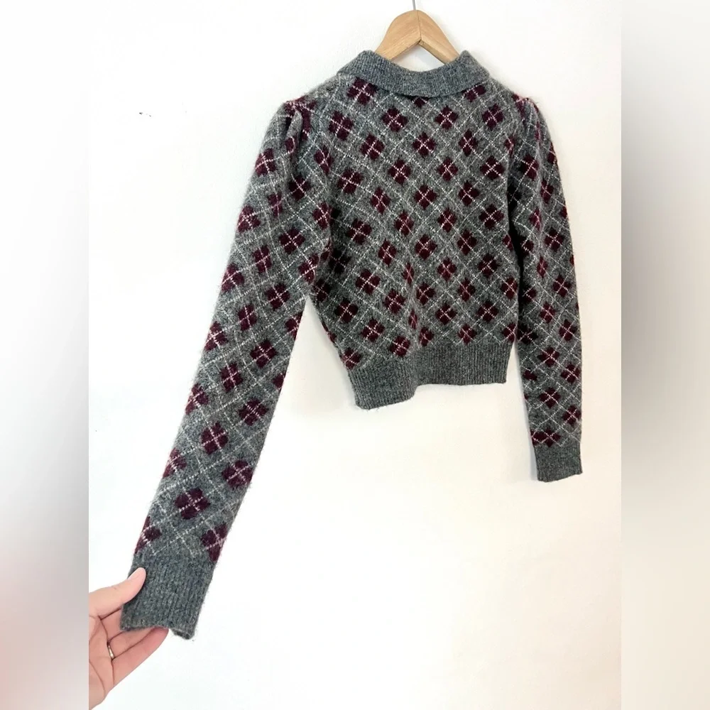 Zara Gray Knit Argyle Shorts & Long Sleeve‎ Collared Top Wool Blend Set Size S/M